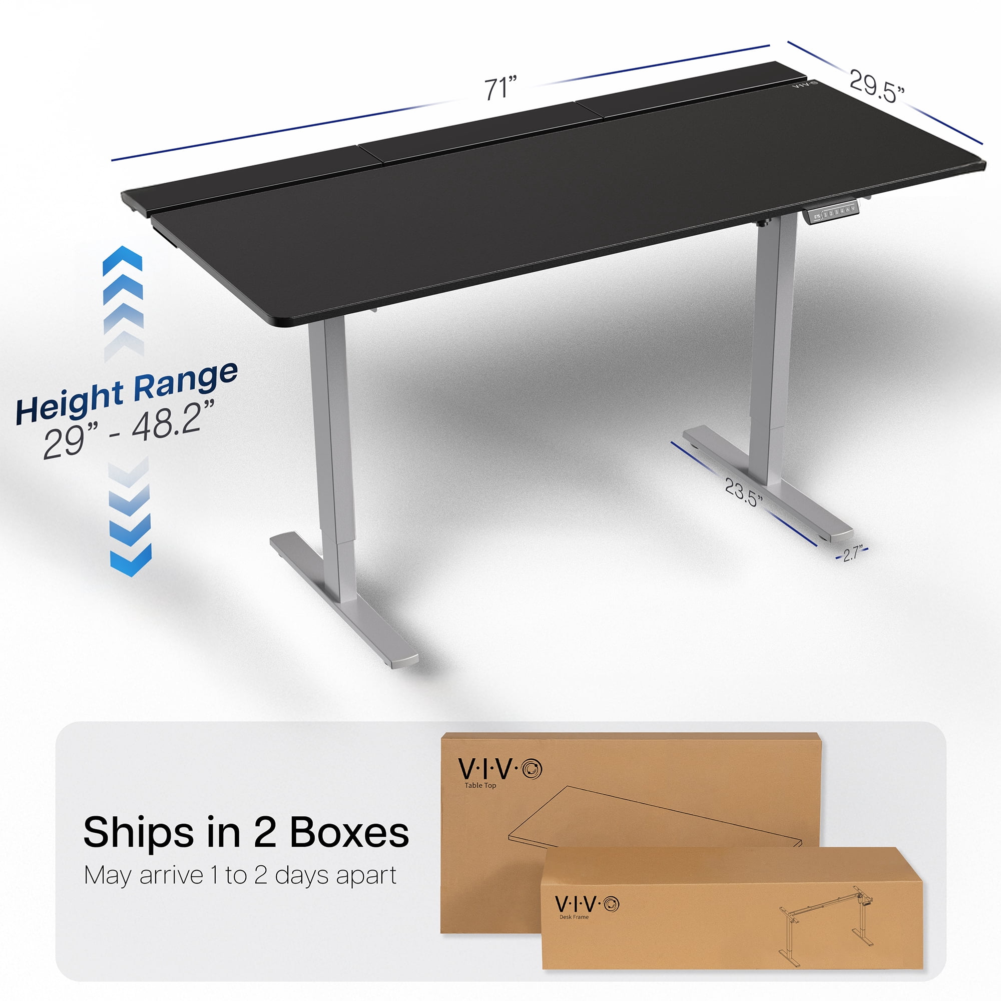 VIVO Electric 71" x 30" Desk, Full Pad, Black Hidden Cable Tabletop, Gray Frame