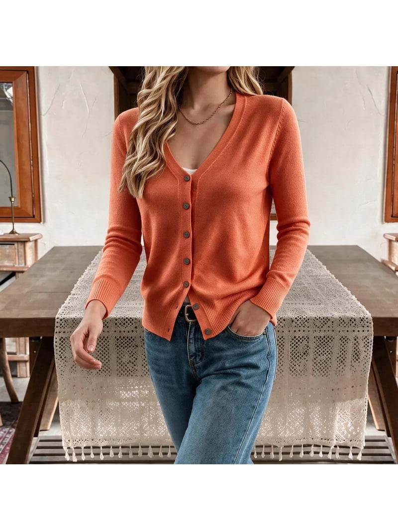 Lenago Women's Short Solid Color Botton Up Long Sleeve V-Neck Knitted ...