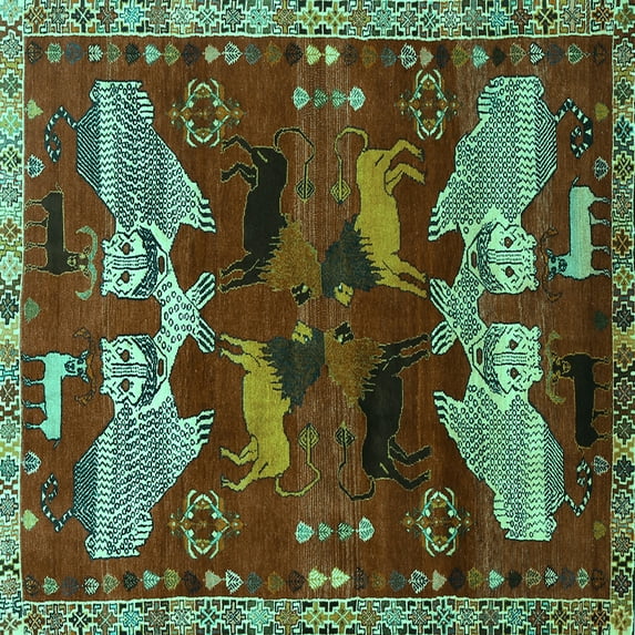 Ahgly Company Machine Washable Indoor Square Animal Turquoise Blue Traditional Area Rugs, 6' Square