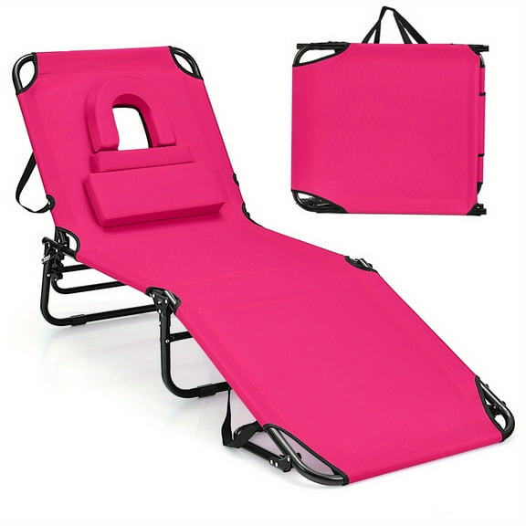 Shining Beach Chaise Lounge Chair w/ Face Hole Pillows & 5-Position Adjustable Backrest