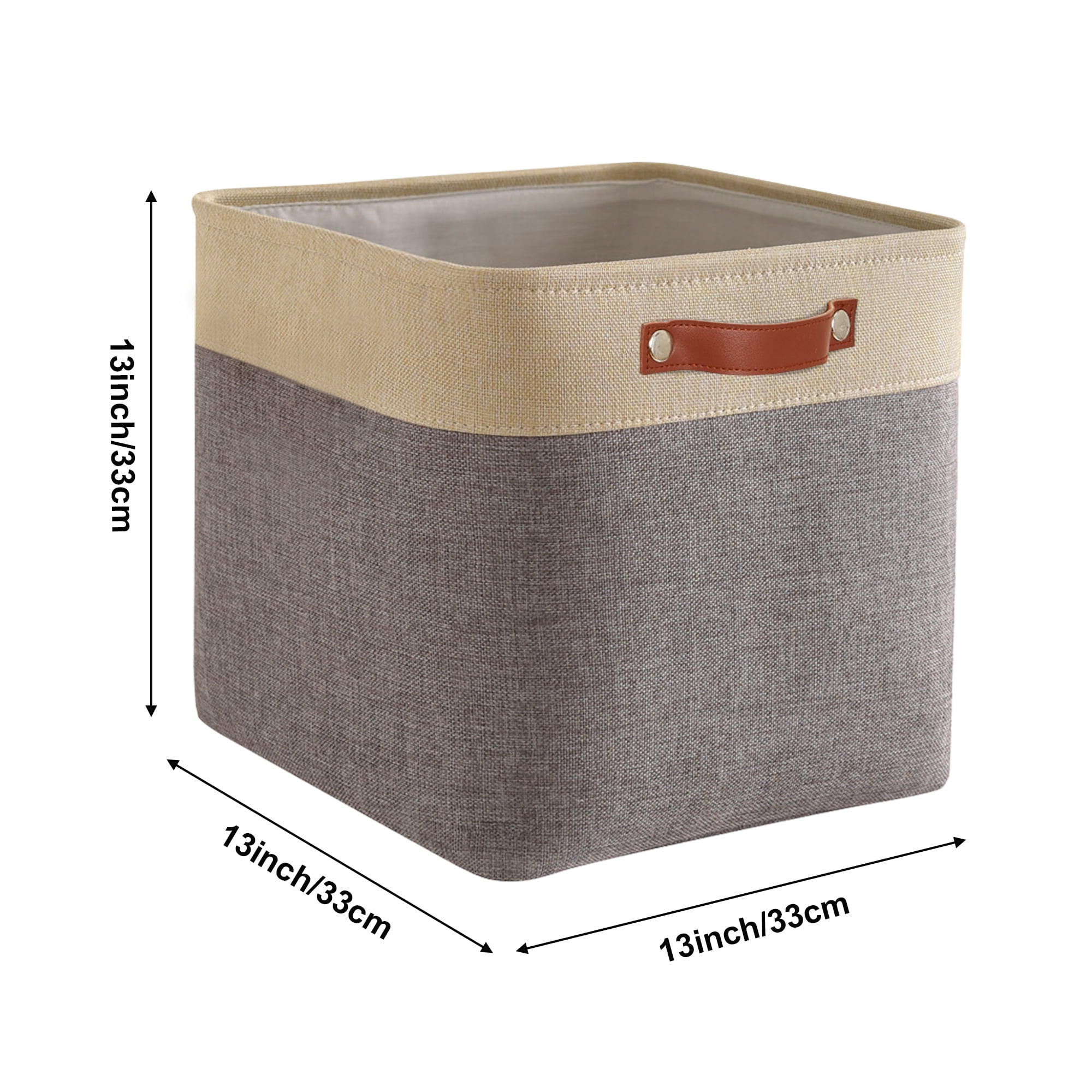 Tegance 13x13 Storage Cubes Baskets 4 Pack Fabric Cube Storage Bins Large Storage Baskets with Leather Handles,Decorative Storage Boxes for Organizing Shelves(GoldGrey)