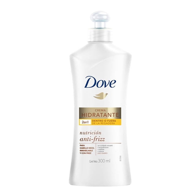 crema hidratante capilar dove 2 en 1 nutrición anti-frizz 300 ml botella blanca frontal con dispensador y etiqueta dorada que indica uso dentro o fuera de la regadera; nutre para cabello manejable y control de frizz y suele usarse para retocar peinados en seco.