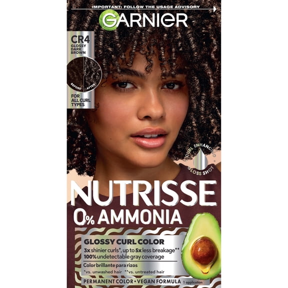 Garnier Nutrisse 0% Ammonia Glossy Curl Nourishing Permanent Hair Color Kit, CR4 Dark Brown, 1 Kit