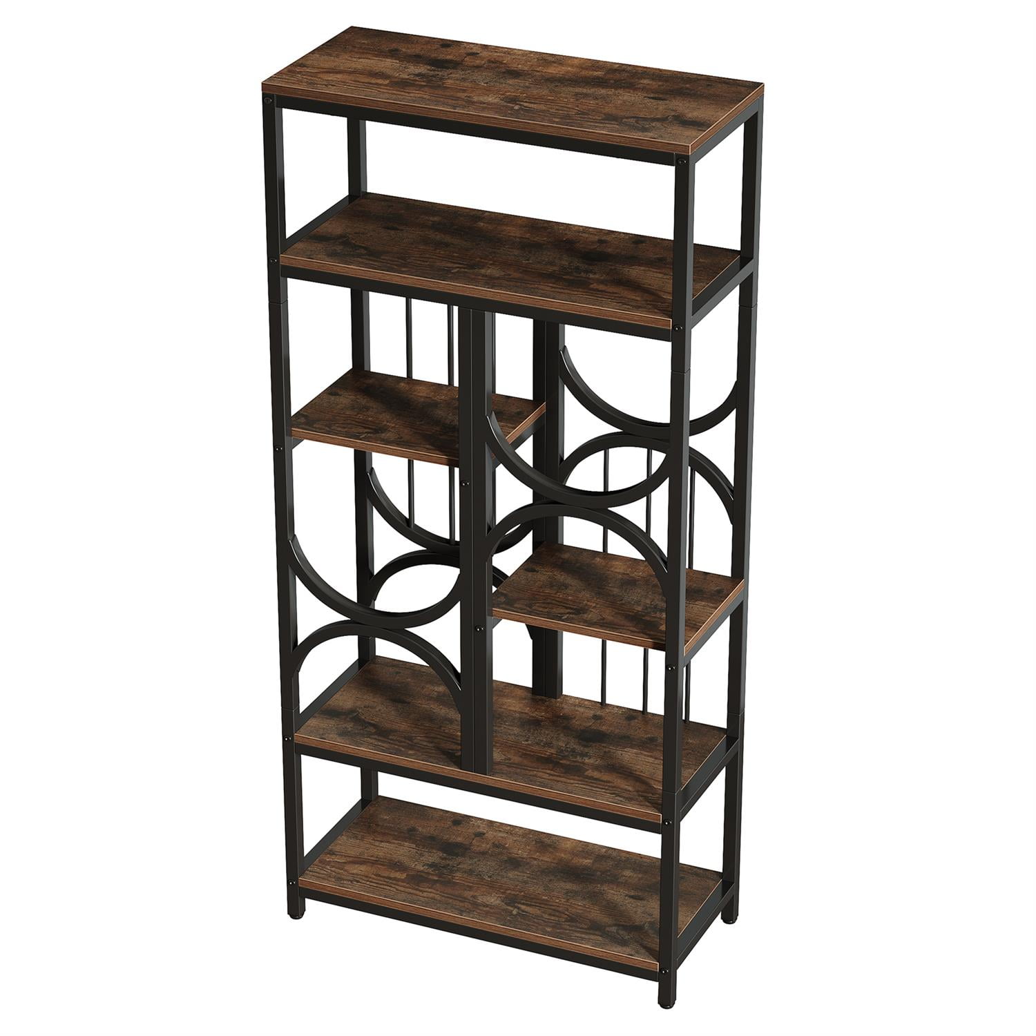 Demi Bonn 70" Industrial Metal & Wood Bookcase, Sturdy Multi-Level Display Shelf, Stylish Decorative Storage Rack for Home Office, Brown