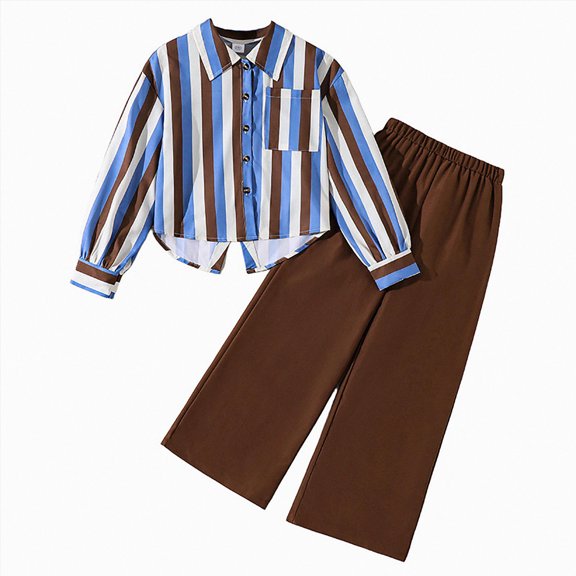 ZIXKCGDSE Girls School Outfit Color Block Button Down Shirt and Wide Leg Pants Fall Clothes Size 11-12 Years