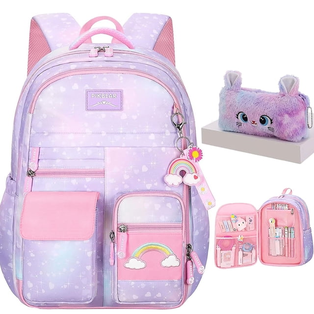 Mochila para niñas Rainbow School Elementary con estuche para lápices