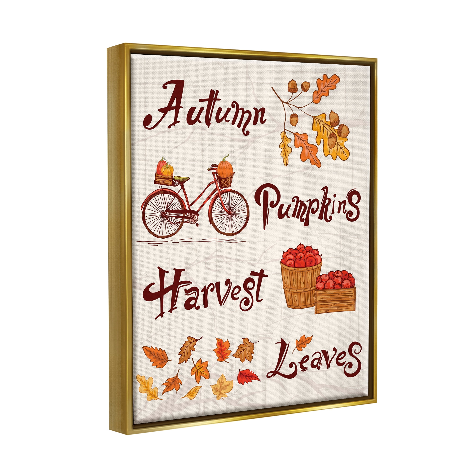 Stupell Industries Autumn Pumpkins Harvest Leaves Botanical & Floral Painting Gold Floater Framed Canvas Art Print Wall Art, 17 x 21