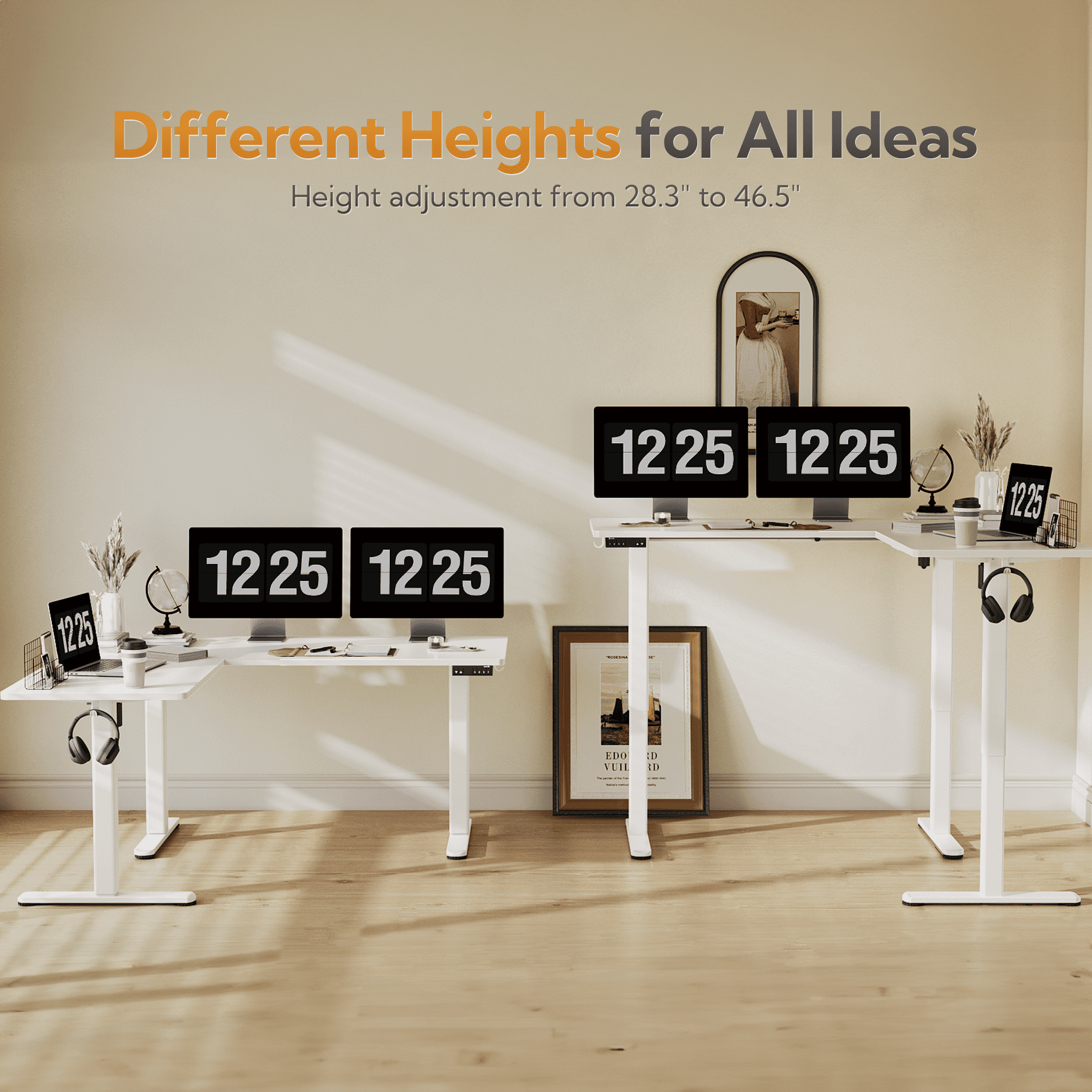 INNOVAR L Shaped Standing Rolling Desk - 63x55 inch Adjustable Height Electric Dual Motor Corner Desk - Large Home Office Sit to Stand up Computer Desk for 2 People W/Preset Memories, White