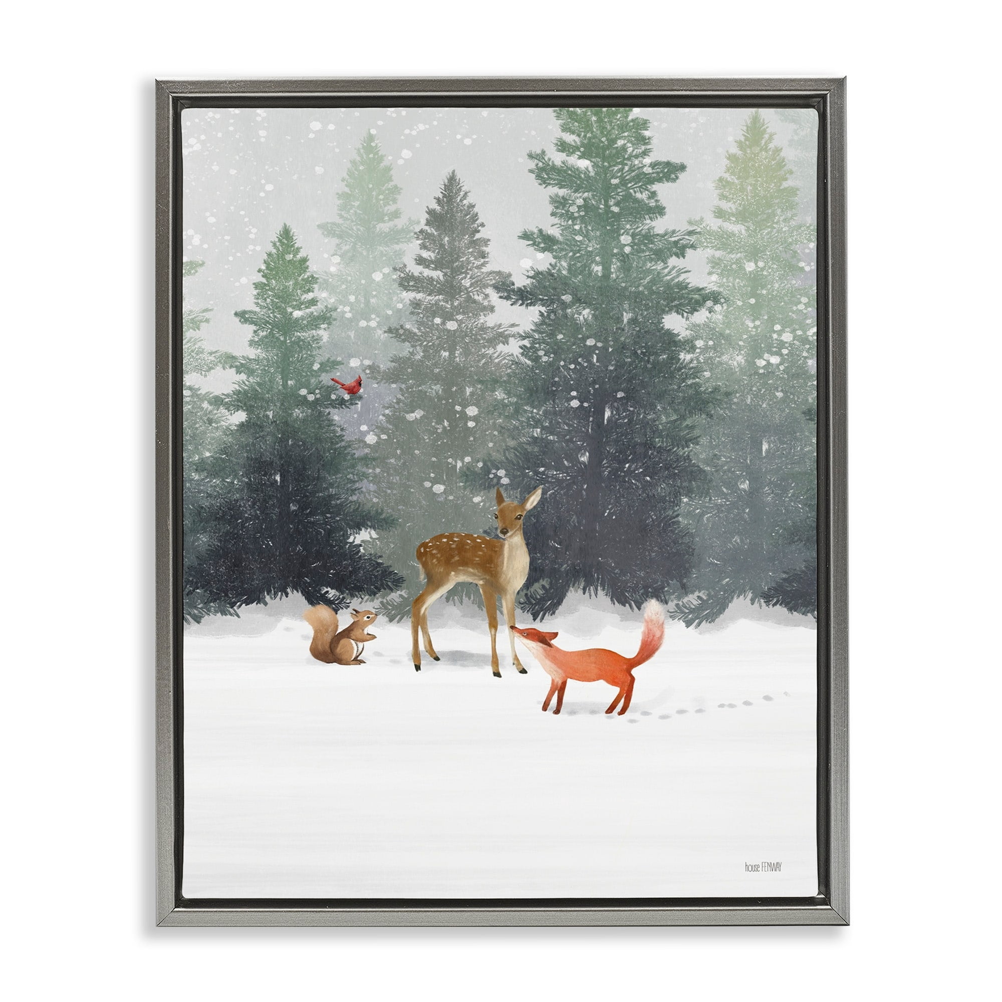 Stupell Industries Winter Season Forest Animals Fox Deer Squirrel Luster Gray Framed Floating Canvas Wall Art, 24x30, by House Fenway