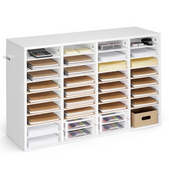 VEVOR Literature Organizer, 36 Compartments Office Mailbox with Detachable Shelves, Wooden Mailbox Sorter with Particle Board, Countertop Office Home Storage Organizer for File, Document, Paper,White