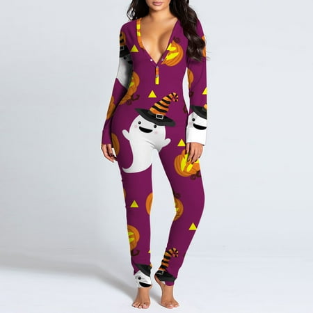 

Deals of the Day Tarmeek Women s Sexy Deep V Neck Button-Down Butt Flap Pajamas Halloween Printed Long Onesies Pajamas Stretch Long Sleeve One Piece Sleepwear Sexy Bodycon Bodysuit Jumpsuit Rompers