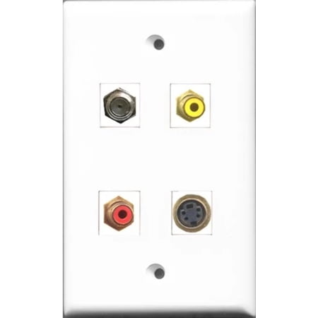 RiteAV 1 Port RCA Red and 1 Port RCA Yellow and 1 Port Coax Cable TV- F-Type and 1 Port S-Video Wall Plate