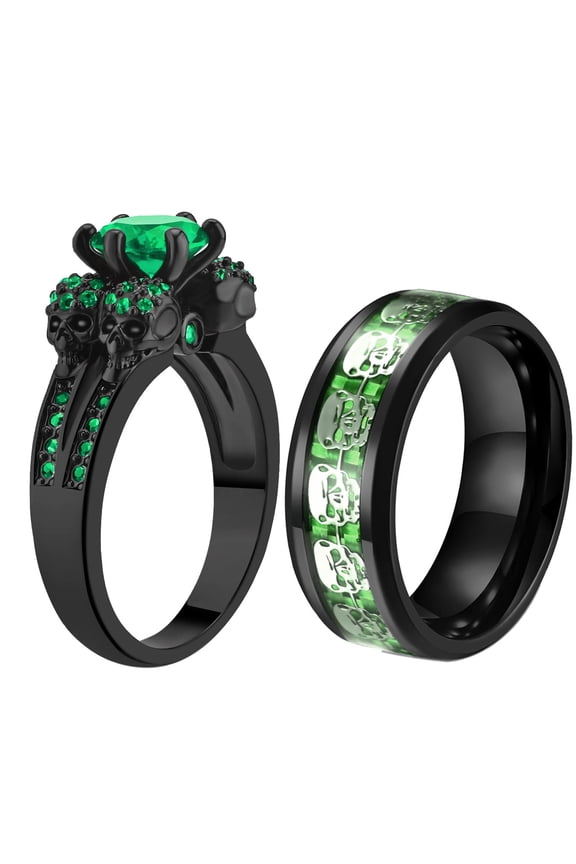 Punk Skull Rings Black Matching Rings Couple Rings Green Cz Wedding Ring for Women