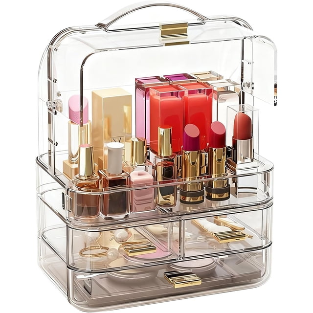 Organizador de Maquillaje de 3 Niveles con Cajón, Organizador de Perfumes y Labiales Acrílico Transparente