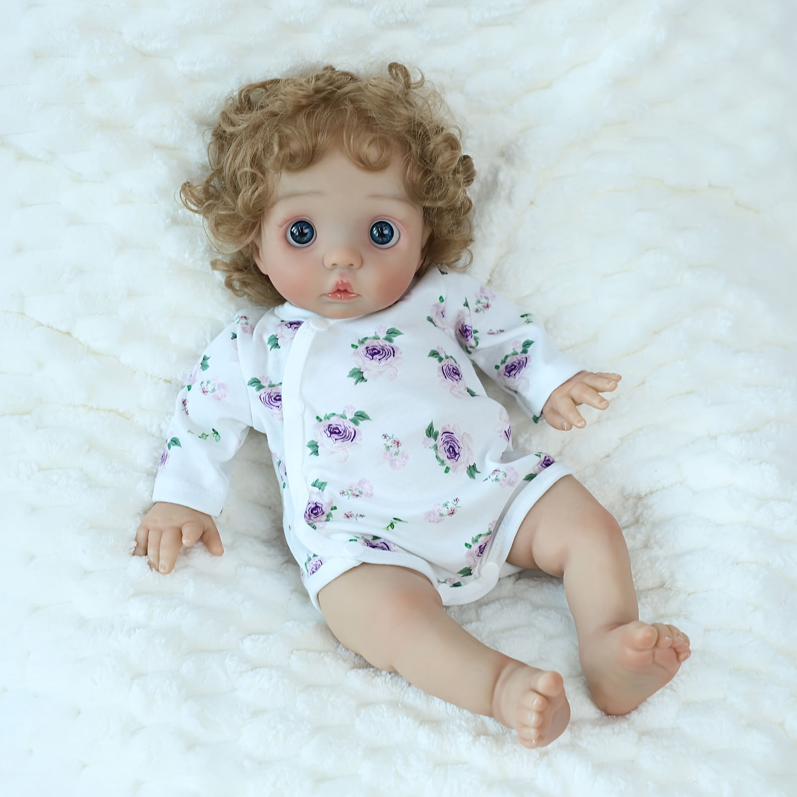 16 Inch Realistic Reborn Baby Doll, Cute Big Eyes Curly Hair Toddler Doll, Lifelike Soft Vinyl Baby Doll Gift For Girls