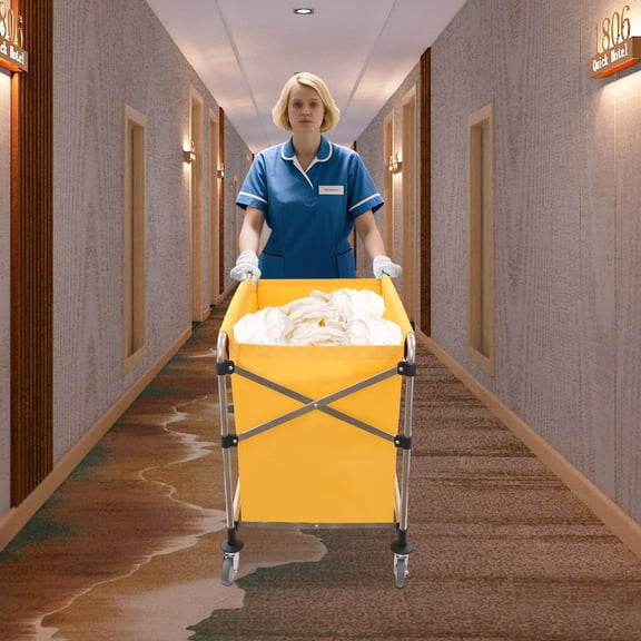 Yellow Commercial Laundry Cart with 4 Wheels Folding Laundry Cart Large Capacity