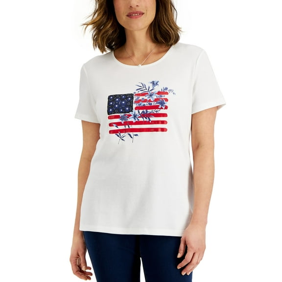 Karen Scott Womens Wild Free Flag Print Top Bright White M