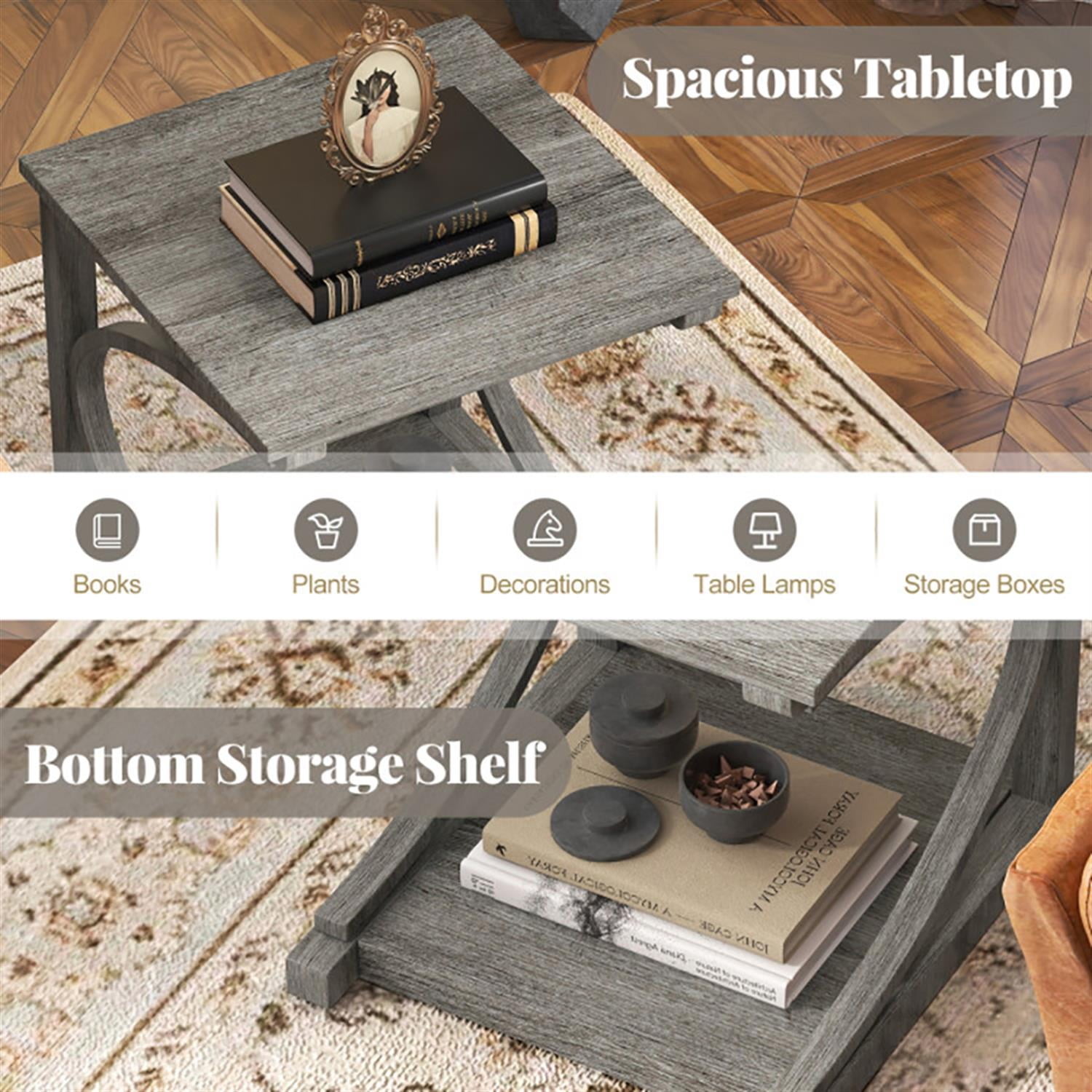 Demi Bonn C-shaped Sofa Side Table, 2-Tier Square End Table with Lower Shelf, Nightstand for Small Spaces, Living Room, Bedroom, Gray