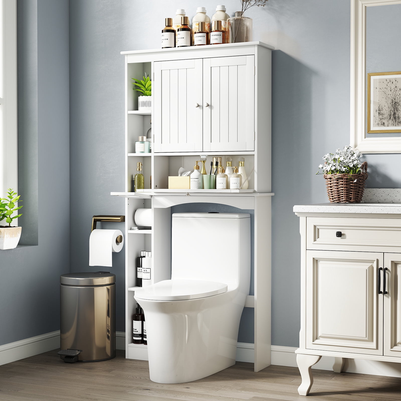 Costway Over the Toilet Storage Cabinet Bathroom Storage Organizer with Toilet Paper Holder White