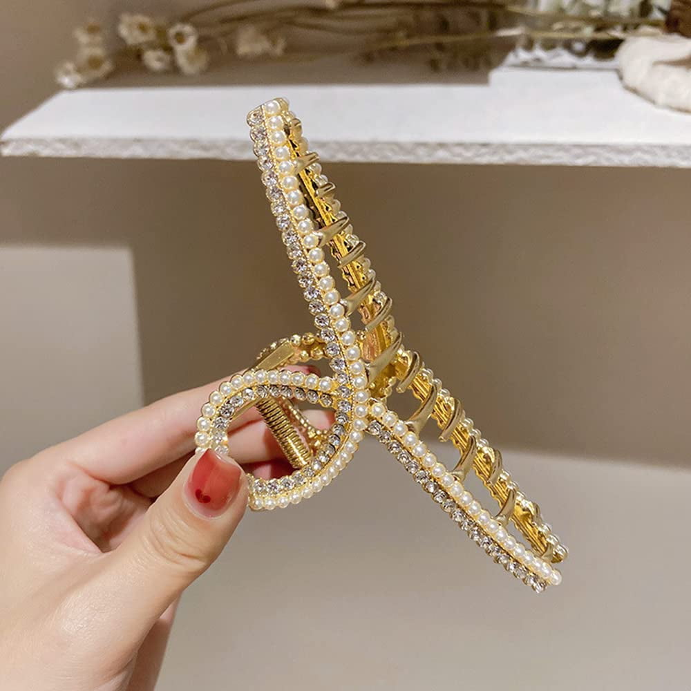 White Pearl Hair Claw Clips Metal Gold Rhinestone Large Hair  display picture 3