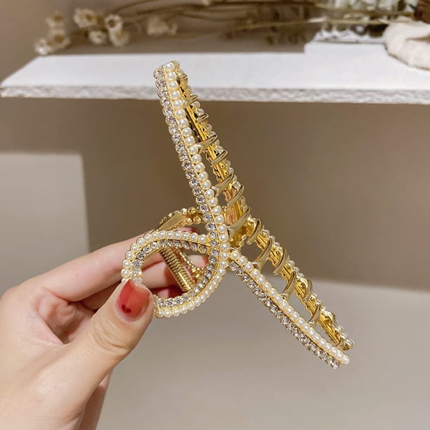 White Pearl Hair Claw Clips Metal Gold Rhinestone Large Hair  display picture 2