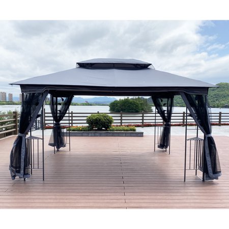 Kmowoo 13x10FT Outdoor Patio Gazebo Canopy Tent With Ventilated Double Roof And Mosquito net,Gray Top