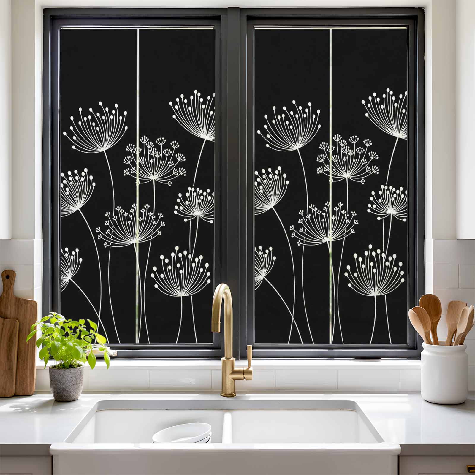 Spring Dandelion Window Privacy Film, Modern Country Flower Black White Static Cling UV Sun Blocking Tint Film Heat Control Windows Films for Bedroom Bathroom, Window Stickers 17.7"x39.3"