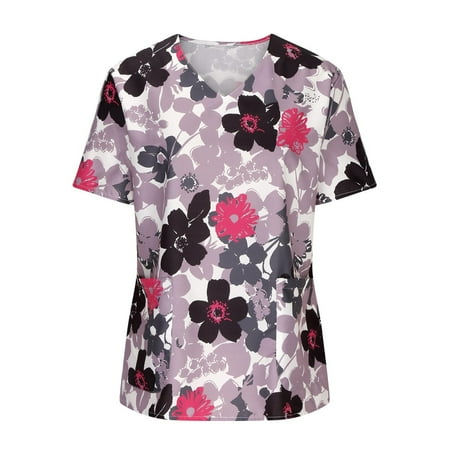 

Yyeselk Working Uniforms Scrub Tops Floral Pattern V-Neck Short Sleeves Tee Classic Fleece Pullover Women Summer Shirts Tee with Pockets Red XXXXL