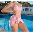 thumbnail image 4 of WREESH Womens Bikini Set with Sarong Bathing Suit Beach Cover Up Wrap Skirt Three-Piece Suit Bandage Solid Bikini Push-Up Padded Swimsuit Beachwear Set Pink, 4 of 7