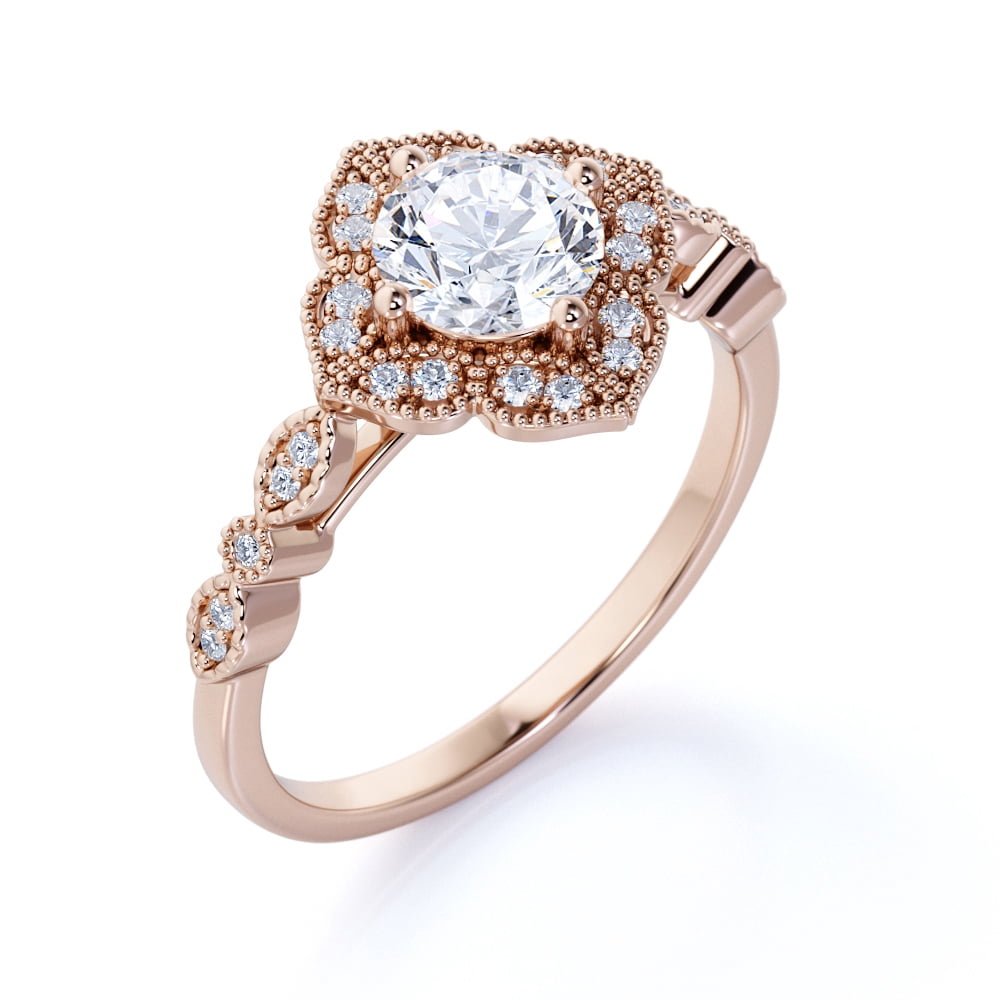 JeenMata 1.25 Carat Round Milgrain Flower Cluster Ring - Art Deco Ring - Engagement Ring - Wedding Ring - Promise Ring - 18K Rose Gold Plating over Silver