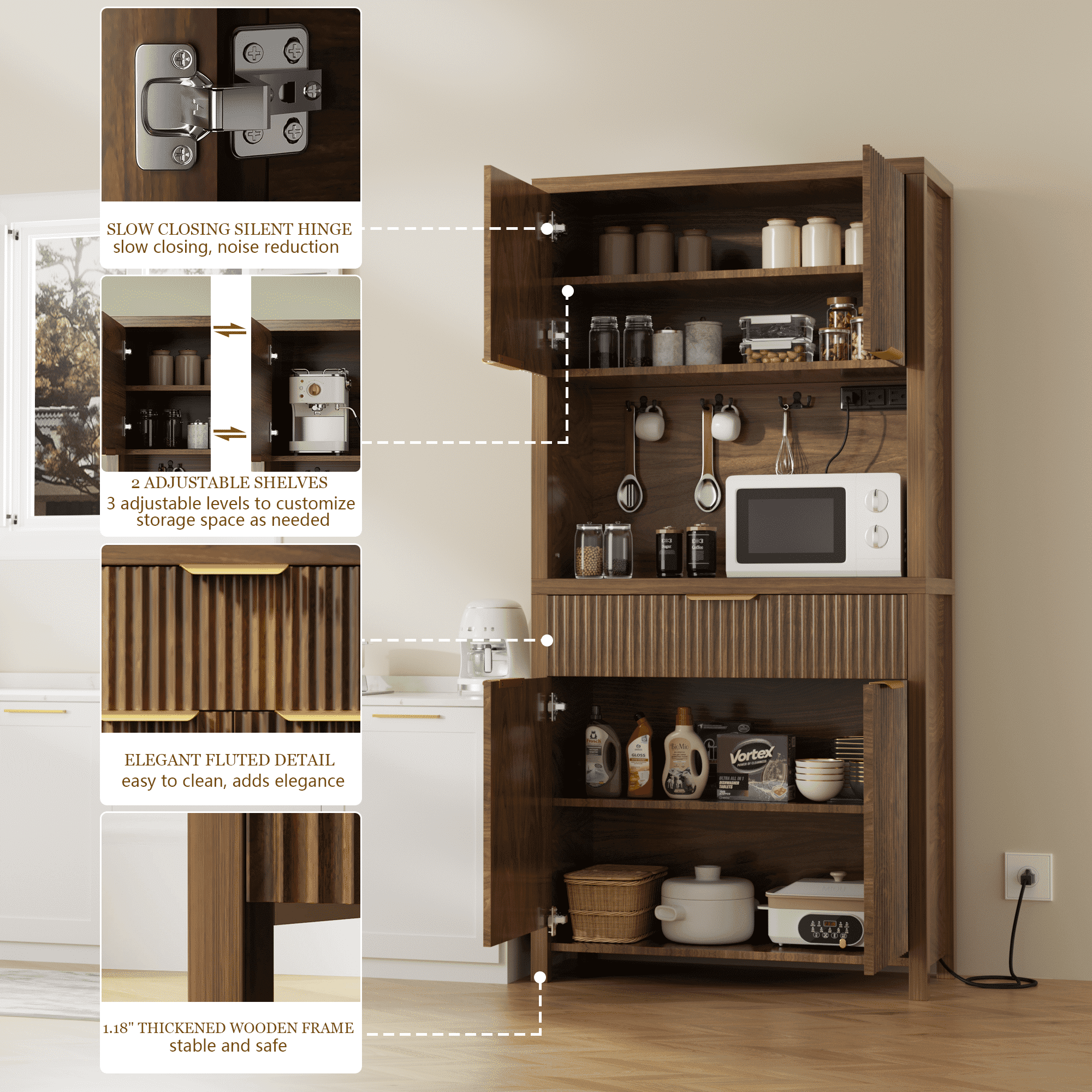 Laintene Kitchen Pantry Cabinet with Charging Station, 71" Tall Pantry Storage with Adjustable Shelves, Fluted Storage Cabinet with Open Countertop and Drawer for Dining Living Room, Walnut