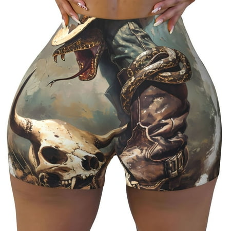 Workout Shorts Women  Western Cowboy Snake Ram Skull Biker Shorts for Women Running Gym Spandex Shorts Tummy Control