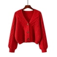 thumbnail image 2 of Hearthz Cropped Cable Knit Womens Cardigan Sweaters V Neck Puff Sleeve Women Sweaters for Fall Knit Jacket Red XXXL, 2 of 4