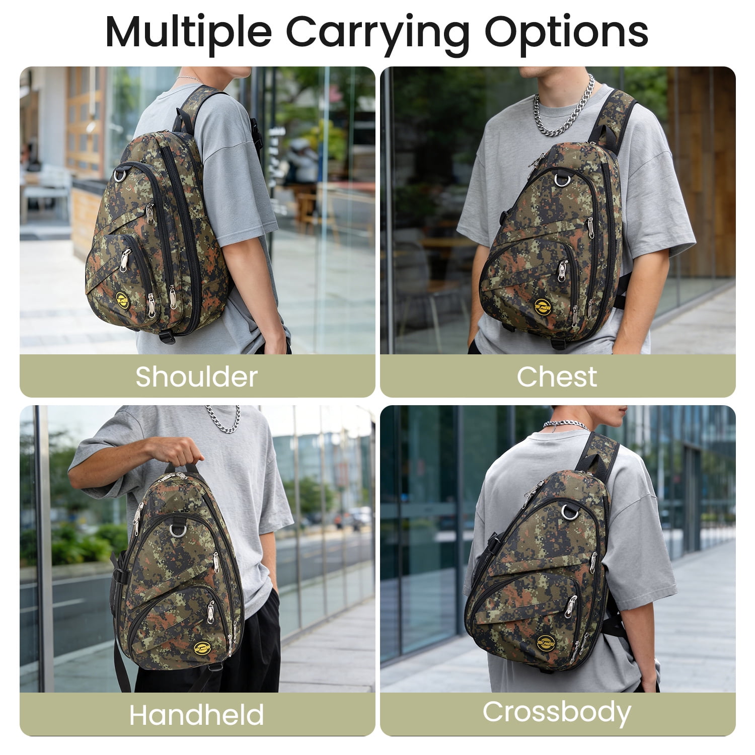 New York Xpress Camo Sling Bag Expandable 14–25L Daypack for Travel Hiking Cycling, ArmyGreen,118