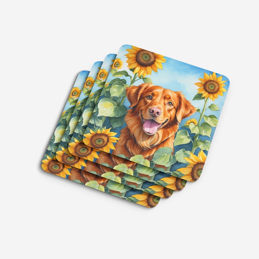 Nova Scotia Duck Toller in Sunflowers Foam Coasters 3.5 in x 3.5 in