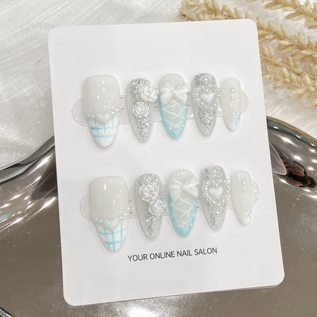 Original real shot handmade manicure, sweet cool blue cute bow versatile white wearing nail finished patch