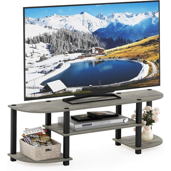 TURN-S-TUBE Wide 2-Tier TV Stand, Small Elevated No Tools TV Stand, TV Entertainment Center for TV up to 55 Inch, 47.25" x 13.4" x 15.9", French Oak/Black