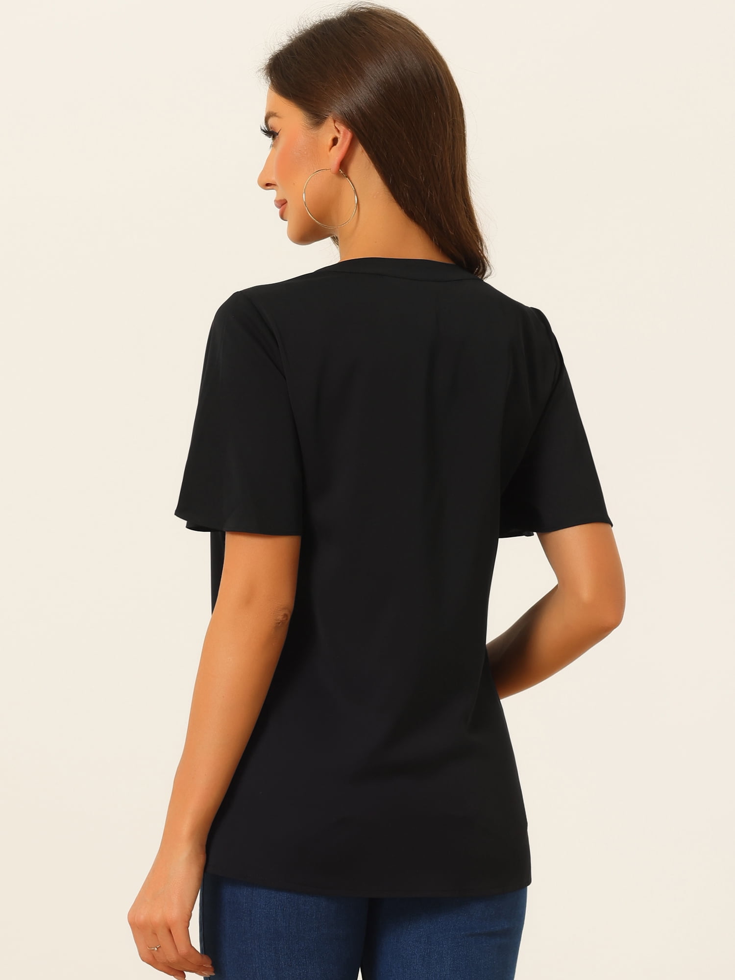 Unique Bargains Women Dressy Tops V Neck Button Down Shirts Work Short Sleeve T Shirt XS Black