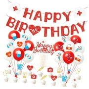 SKYSONIC 47-Piece Nurses-Themed Birthday Party Decor Kit, Featuring Red Glitter Banner, Nursing Hat Balloons, and Cake Toppers for Nurses' Day Celebrations