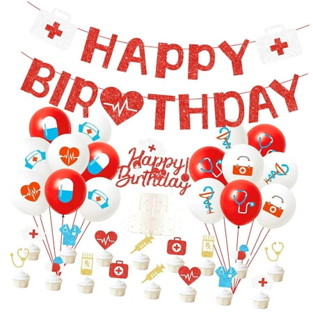 SKYSONIC 47-Piece Nurses-Themed Birthday Party Decor Kit, Featuring Red Glitter Banner, Nursing Hat Balloons, and Cake Toppers for Nurses' Day Celebrations