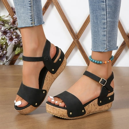 

Uinagy Ladies Fashion Retro Leather Open Toe Buckle Wedge Heel Thick Sole Sandals