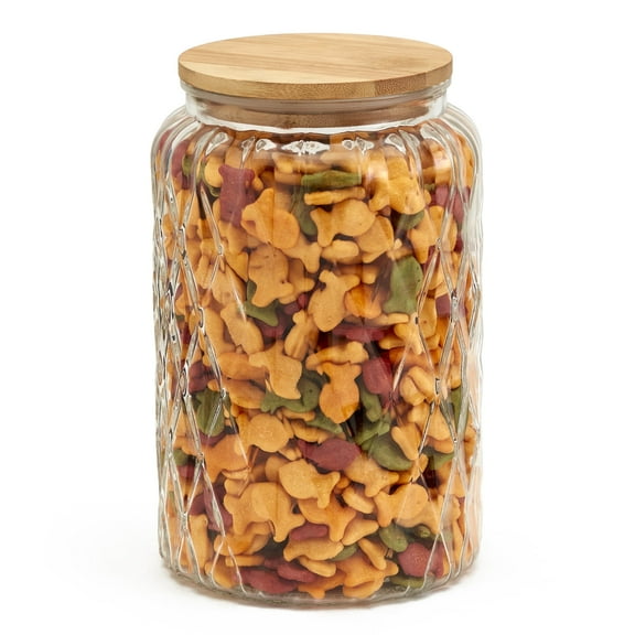 Mason Craft & More Large Glass Diamond Design Canister with Bamboo Wood Lid, Clear Mason Jar Storage, 2 Liter (67.5oz)