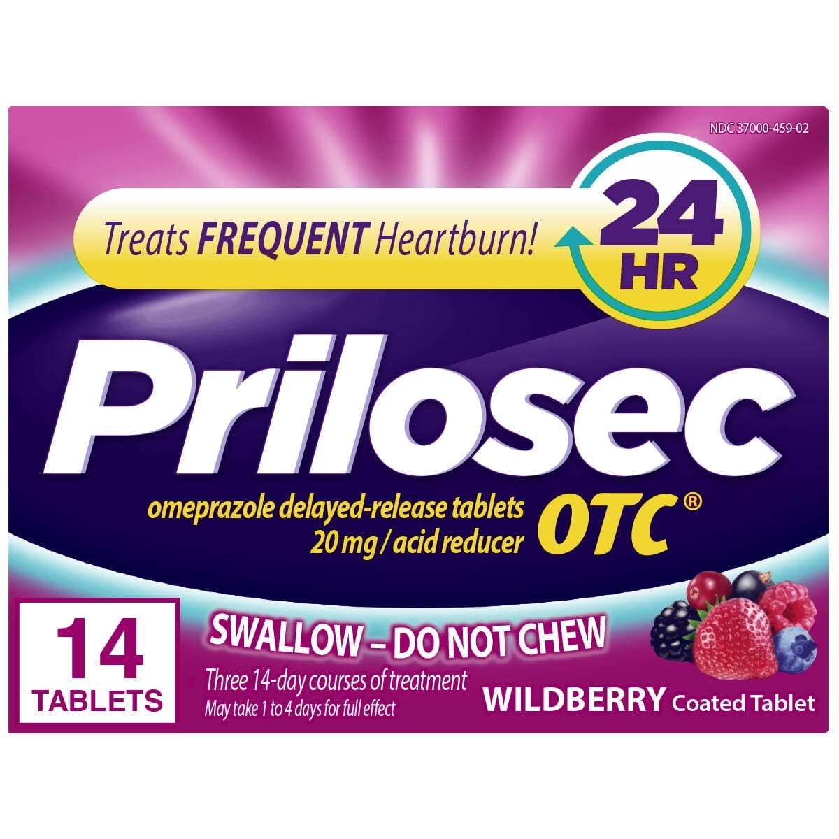 Prilosec OTC, Omeprazole Delayed Release 20mg, Acid Reducer, All Day, All Night*, Wildberry Flavor, 20mg, 14 Tablets
