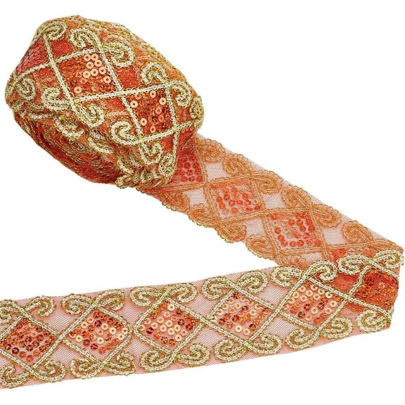 10 Yards Polyester Lace Ribbon with Paillette for Garment Accessories Orange 2-1/2 inch(63mm)