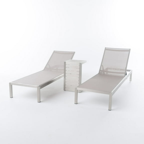 GDF Studio Crested Bay Outdoor Mesh 3 Piece Adjustable Chaise Lounge Chat Set, Gray and Silver Aluminum