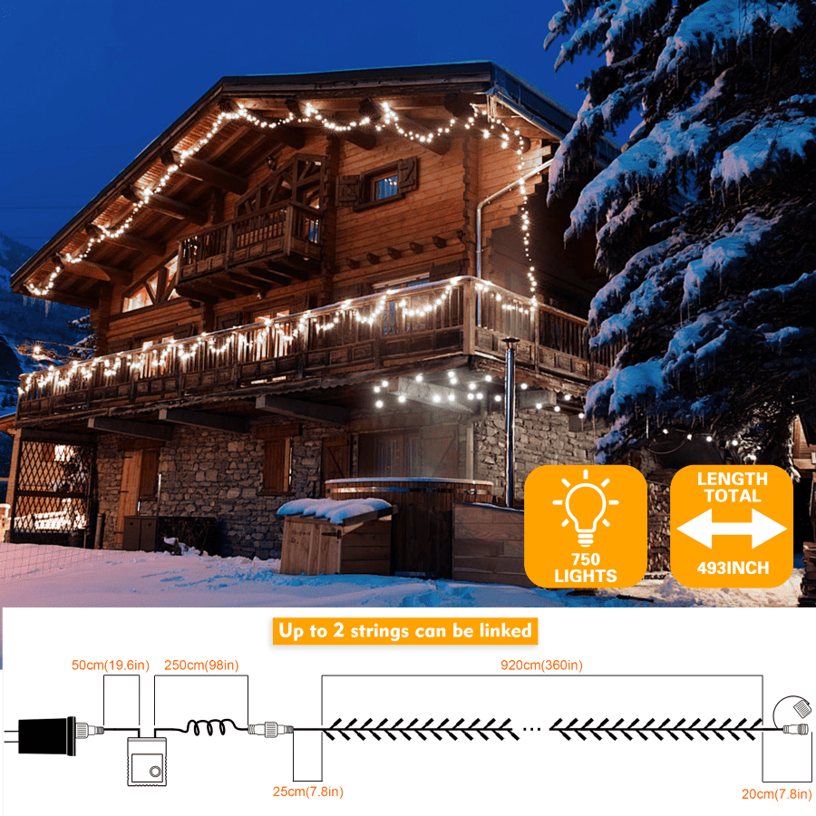 750 LED String Lights Cluster Lights - 41ft White White Wire Outdoor Waterproof Lights, Plug in Indoor String Lights with 8 Modes & Timer Memory for Xmas, Christmas Tree