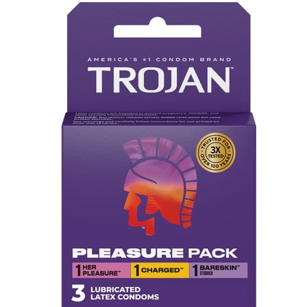 Trojan Pleasure Pack, Assorted Latex Lubricated Condoms for Men, Her Pleasure, Bareskin Studded, Ecstasy & Charged Varieties, 3 Count