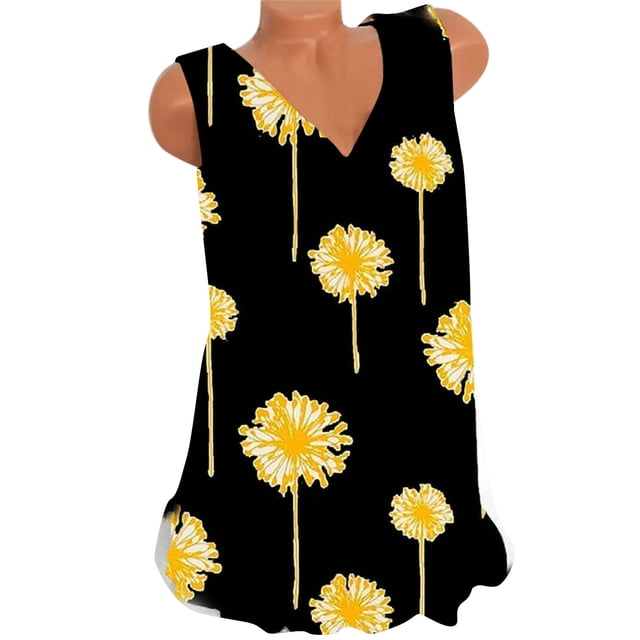 Túnica camisetas sin mangas para las mujeres Tops de verano para mujer, túnica holgada con estampado Floral, camisetas casuales de manga corta con cuello en V, cómodas camisetas sin mangas, (Black, L)