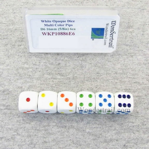 White Opaque Dice with Multi Color Pips D6 16mm (5/8in) Pack of 6 Wondertrail
