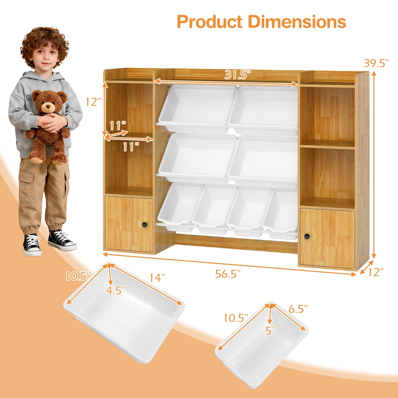 Costway Kids Toy Storage and Bookshelf with 8 Boxes Open Shelves & 2 Single-door Cabinets Beige